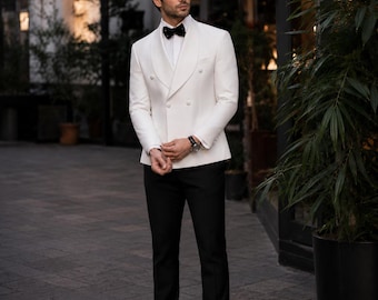 White Double Breasted Tuxedo Jacket, Ivory Groom Wedding Suit, Shawl Lapel MARICSUITS