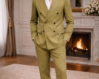 Light Olive Double Breasted Suit | Men's Formal Wedding Groom Outfit