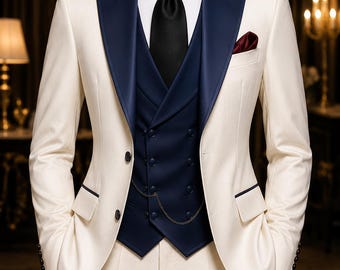 Ivory White Men's Tuxedo Suit, Navy Satin Lapel, Double Breasted Vest, 3 Piece Formal