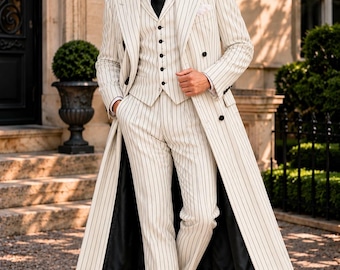 Men’s 1920s White Pinstripe 4 Piece Suit, Double Breasted Long Overcoat, Waistcoat & Trousers, Vintage Wedding Groom Suit, Custom Made