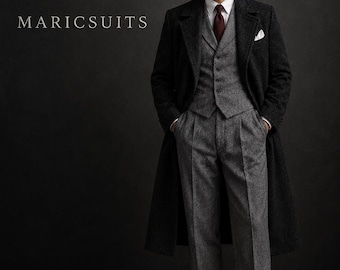 Vintage Grey Tweed 3 Piece Suit | Black Wool Overcoat Peaky Blinders Style Custom Tailored