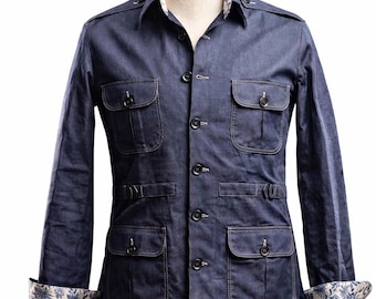 Marineblauw safarijack, puur linnen utility-stijl, op maat gemaakte herenkleding