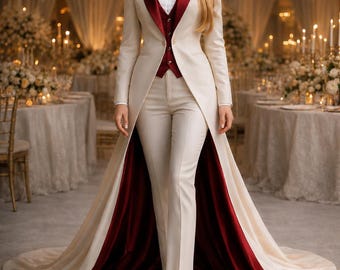 Women's Ivory Tailcoat Tuxedo Suit, Burgundy Wedding Pantsuit, Custom Formal Evening Wear