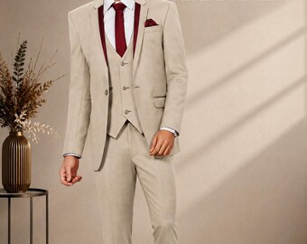 Beige 3-delig herenkostuum | Slim-fit formele smoking bruiloft | Maricsuits op maat gemaakt