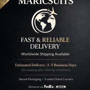 May include: A black informational graphic featuring the white text MARICSUITS at the top, followed by a globe icon with an airplane silhouette. Below this, the text reads FAST & RELIABLE DELIVERY, Worldwide Shipping Available, and FedEx & DHL logos.
