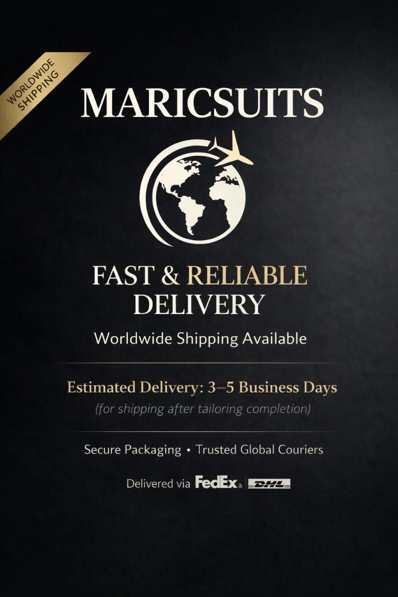 May include: A black informational graphic featuring the white text MARICSUITS at the top, followed by a globe icon with an airplane silhouette. Below this, the text reads FAST & RELIABLE DELIVERY, Worldwide Shipping Available, and FedEx & DHL logos.