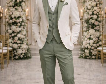 Men's Sage Green Cream Wedding Suit, 3-Piece Tailored Formal Groom Groomsmen Outfit