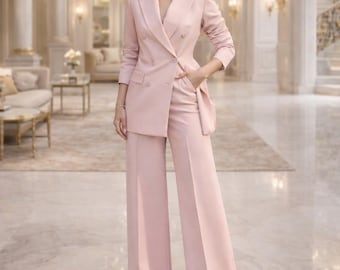 Roze broekpak dames, double-breasted blazer, broekpak met wijde pijpen, formeel bruiloftspak dames, custom madeBy Maricsuits