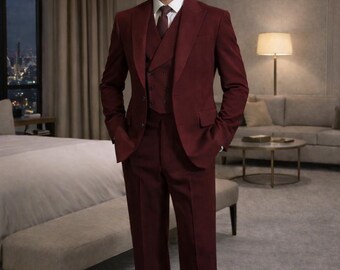 Men's Burgundy 3-Piece Suit, Slim Fit Double Breasted Vest Formal Wedding Party Wear