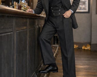 Vintage Charcoal Grey 3 Piece Suit, Peaky Blinders Style, Double Breasted Vest, Gatsby Wedding