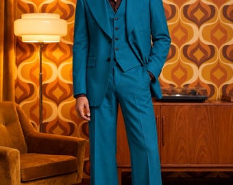 Men’s Teal Blue 3 Piece Suit, Retro 70s Wide Leg Suit, Peak Lapel Wedding Tuxedo, Custom Tailored Groom Suit, Vintage Style Formal Suit
