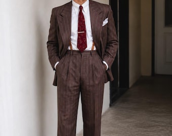 1930s Brown Pinstripe Double-Breasted Men's Suit, Gatsby Wedding Outfit (Custom Made)