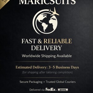 May include: Black background with the text "MARICSUITS" in gold. A globe graphic with an airplane is centered below the text. The words "FAST & RELIABLE DELIVERY" are in gold. The image promotes worldwide shipping.