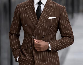 Men's Brown Pinstripe Double-Breasted Suit, Vintage Tailored Wedding Groom (Custom Fit)