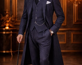 Men's Navy Pinstripe 4-Piece Tailcoat Suit | Formal Wedding Groom Outfit