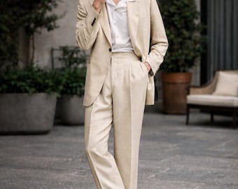 Men's Beige Linen Suit, Summer Wedding Groom Attire, Tailored 2 Piece Outfit