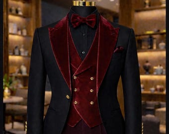 Men's Burgundy Velvet Tuxedo Suit, Black Red 3 Piece, Shawl Collar Waistcoat