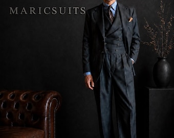Charcoal Grey Double Breasted Suit | 1930s Inspired Wide Leg Trousers, Formal Wedding