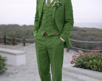Men's Emerald Green Linen 3 Piece Suit, Wedding Groom Outfit, Summer Tailoring By MARICSUITS