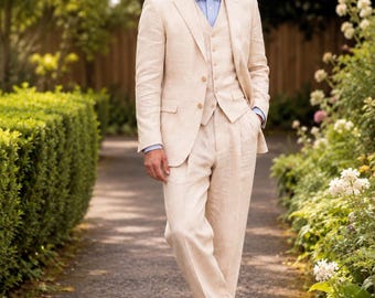 Cream Linen 3 Piece Suit, Vintage Inspired Groom Tuxedo, Summer Formal Attire