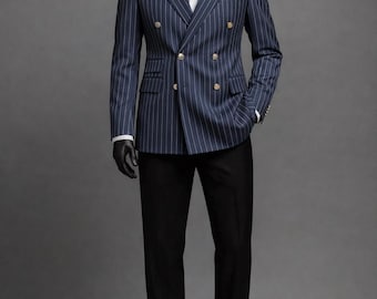 Navy Blue Pinstripe Double Breasted Suit, Men's Slim Fit Formal Wedding Business Wear