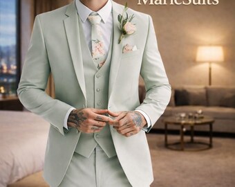 Sage Green 3 Piece Wedding Suit, Custom Fit Groom Tuxedo, Pastel Formal Men's Attire