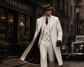 White Pinstripe Three Piece Suit for Men – Vintage 1940s Style Wedding Suit – MARICSUITS