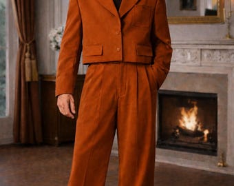 Rust Orange Cropped Jacket Suit | Vintage Style Wide-Leg Trousers, Modern Retro Outfit