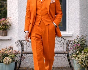 Men's Orange Linen 3 Piece Suit, Wedding Groom, Burnt Orange Summer Outfit, MARICSUITS