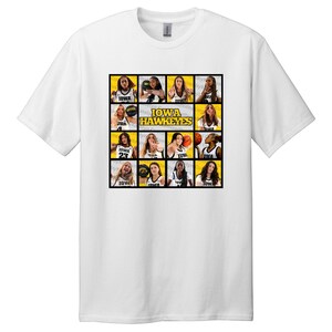 May include: White t-shirt featuring a graphic of the Iowa Hawkeyes women's basketball team. The design includes individual player photos in a grid, with the team name in yellow and black.