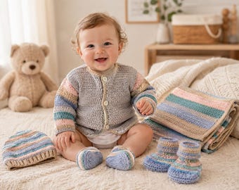 Pastel Baby Layette Crochet Pattern PDF, Cardigan Blanket Hat Booties Newborn Shower Set Bundle