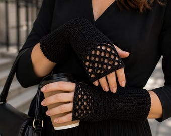 Sparkle Mesh Wristlets Crochet Pattern, Fingerless Wrist Warmers, Crochet Wristlets With Thumb Opening PDF
