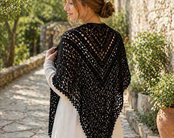 Midnight Lace Triangle Shawl Crochet Pattern PDF, Black Openwork Wrap, Womens Elegant Shawl Design