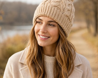Cable Twist Beanie Crochet Pattern, Textured Pom Pom Hat PDF