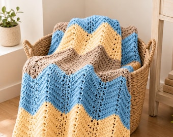 Ocean Ripple Crochet Afghan Pattern, Textured Chevron Blanket PDF