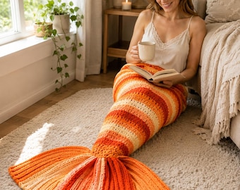 Sunset Mermaid Tail Snuggle Sack Crochet Pattern, Cozy Blanket PDF