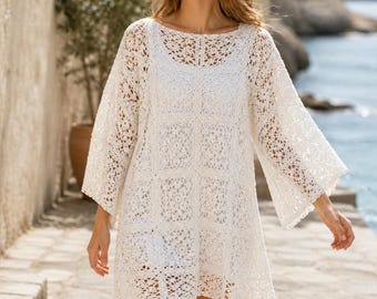 Crochet Tunic Pattern, Square Motif Beach Cover Up, Summer Lace Top (PDF)