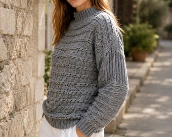 Textured Cable Crochet Sweater Pattern, Women's Mock Neck Pullover PDF