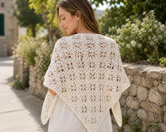 Floral Triangle Shawl Crochet Pattern PDF, Flower Motif Wrap, Womens Lace Shawl, Summer Design