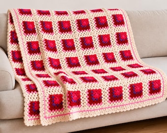 Heart Motif Granny Square Crochet Blanket Pattern PDF, Cozy Throw Home Decor