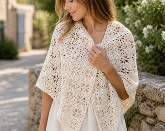 Floral Triangle Shawl Crochet Pattern PDF, Flower Motif Lace Wrap, Summer Accessory