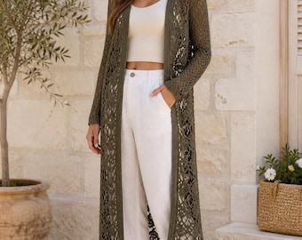 Longline Lace Cardigan Crochet Pattern PDF, Filet Sleeve Summer Cover Up Garment Design
