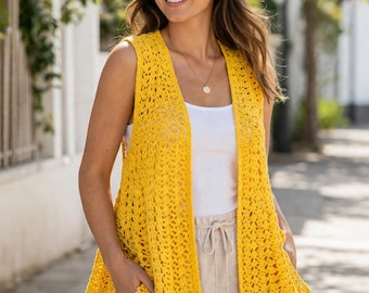 Sunshine Yellow Drapey Crochet Vest Pattern PDF, Little Crowns Stitch, Summer Layering Garment Design