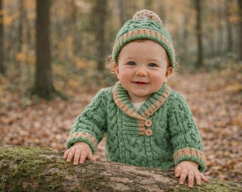Baby Cable Knit Sweater Hat Pattern PDF, Winter Cardigan Set, Knitting Baby Outfit