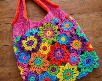 Crochet Tote Bag Pattern, Floral Granny Square, Bloom Garden PDF