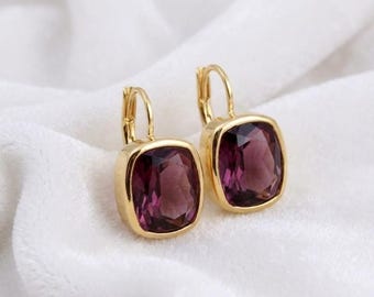Rhodolite Garnet Leverback Earrings, 18K Gold Filled Sterling Silver Dangle, January Birthstone