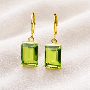 Emerald Cut Peridot Dangle Earrings, 18K Gold Filled Sterling Silver