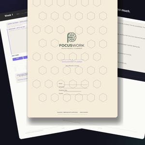 May include: A digital planner with a cream-colored background, featuring a grid of hexagonal shapes. The planner includes the "FOCUSWORK" logo and text that reads "ADHD FRIENDLY PLANNERS". Additional text includes "Plan differently. Live fully."