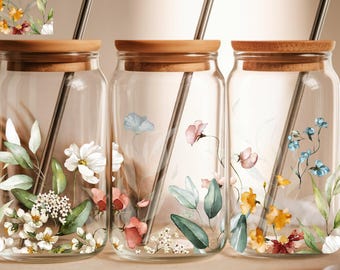 Wildflower Iced Coffee Glass Tumbler Cottagecore Floral Glass Can With Lid And Straw Flower Coffee Cup For Women Gift For Coffee Lover 16oz
