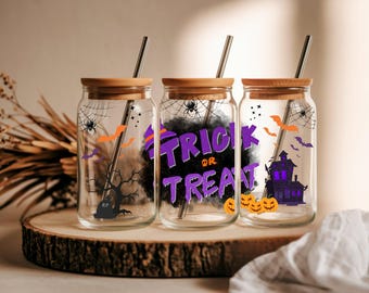 Halloween Glass Can with Lid and Straw, Spooky Trick or Treat Glass Cup, Iced Coffee Cup, Fall Tumbler, Ghost Pumpkin Drinkware